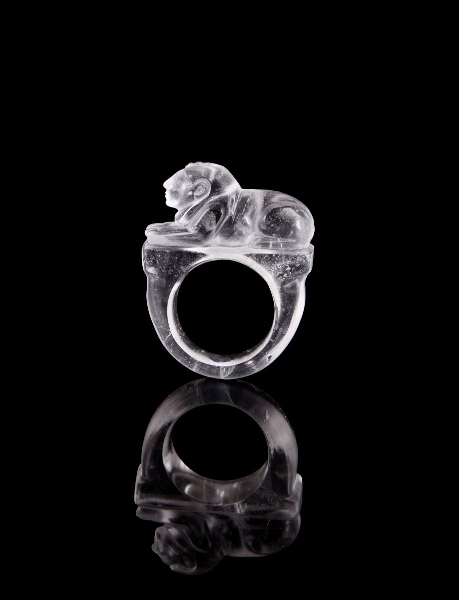 Egyptian Sphinx Ring In Carved Rock Crystal, Late 19th Century