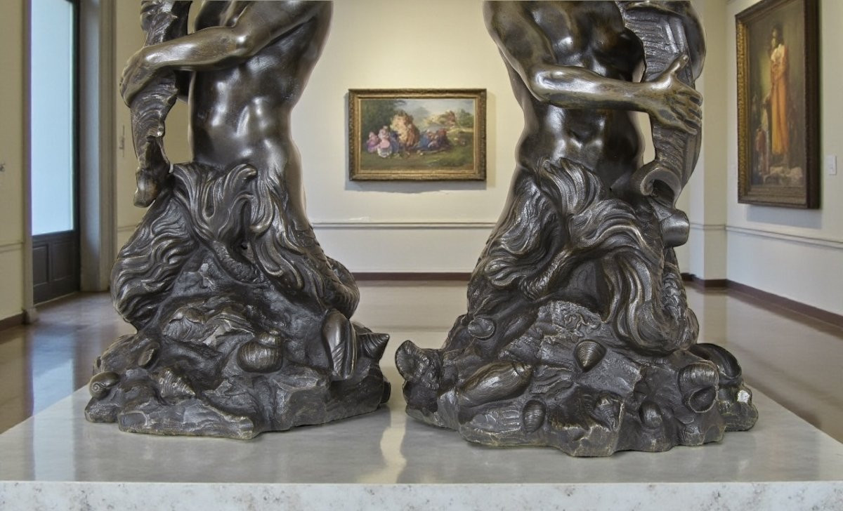 Pair Of Early 19th-century Patinated Bronze Triton Candlesticks-photo-2