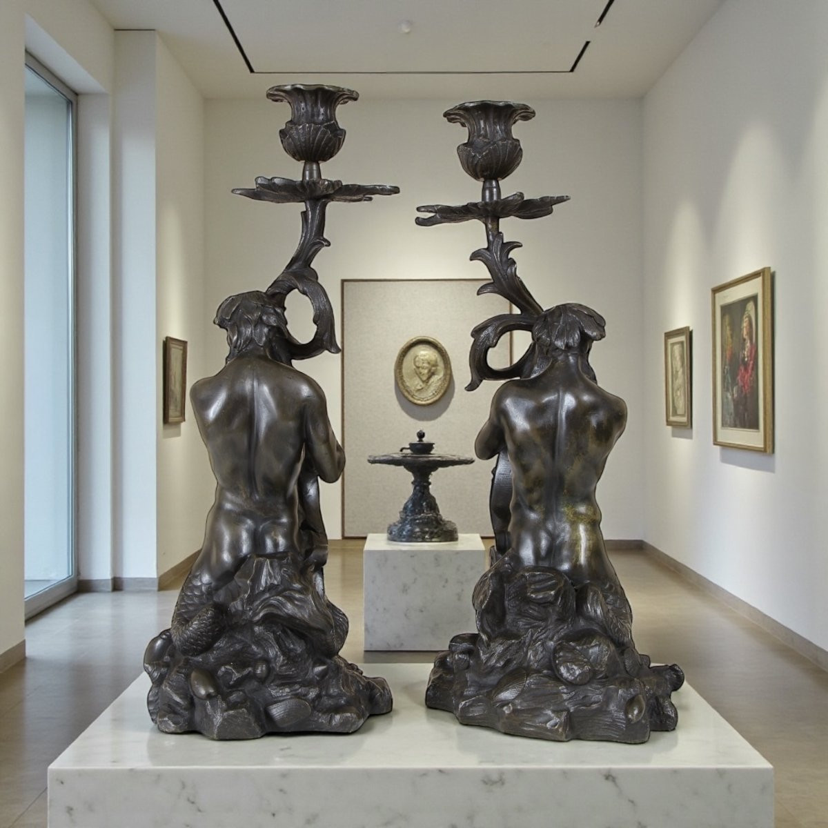 Pair Of Early 19th-century Patinated Bronze Triton Candlesticks-photo-3