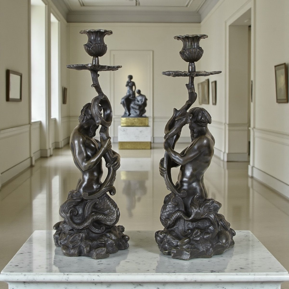 Pair Of Early 19th-century Patinated Bronze Triton Candlesticks-photo-4