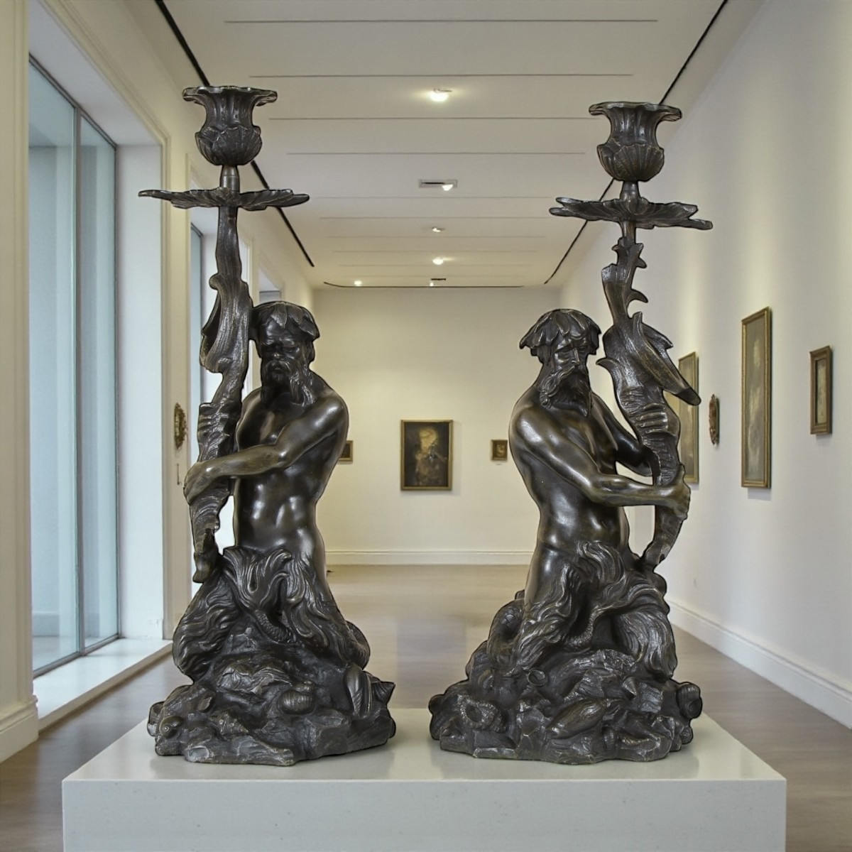 Pair Of Early 19th-century Patinated Bronze Triton Candlesticks-photo-1