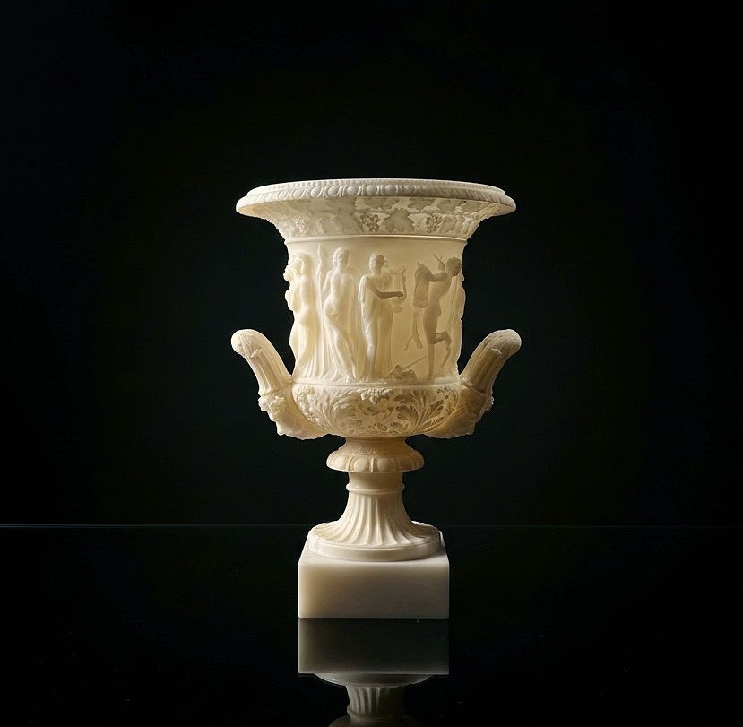 Grande Vase Borghese Italien en albâtre sculpté du XVIIIe siècle.