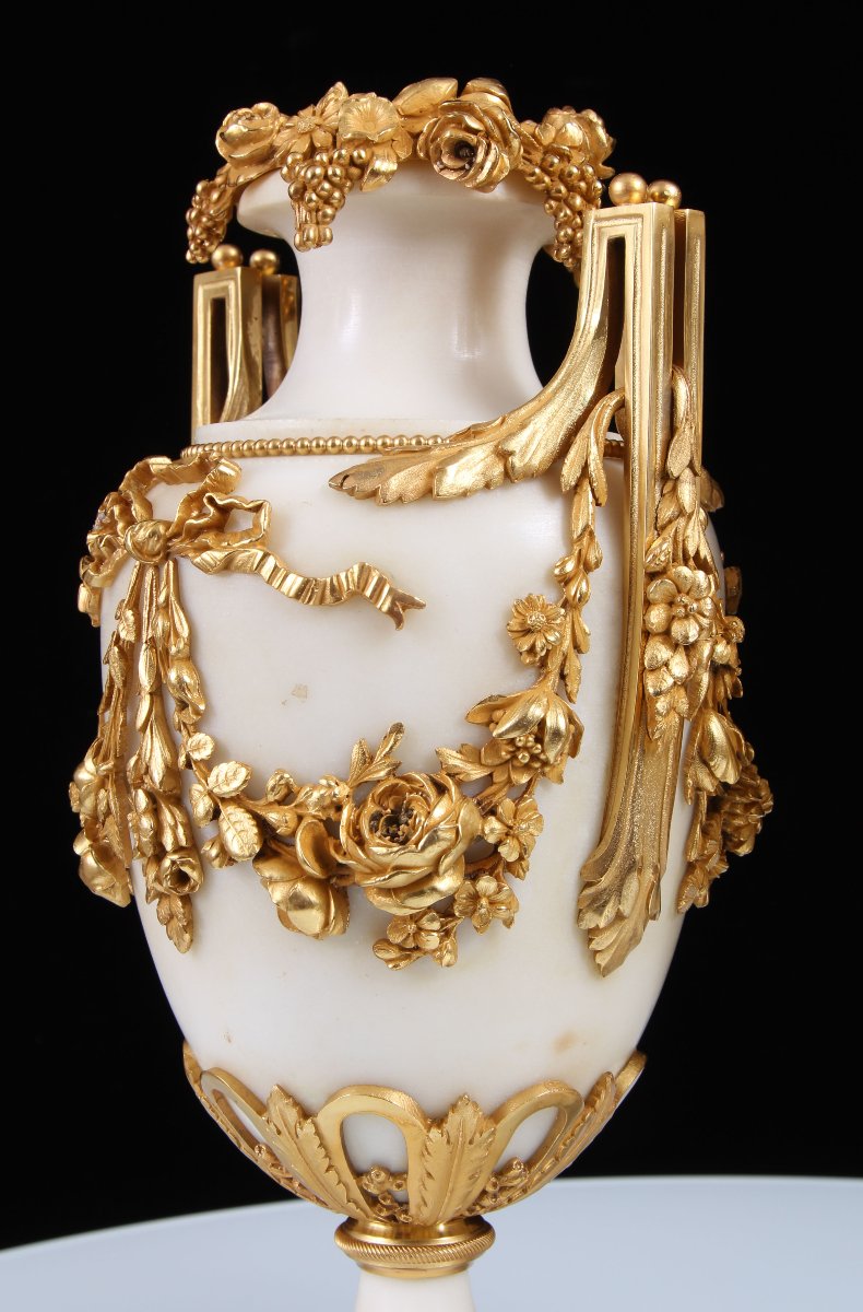 Pair 19th Century Louis XVI Style Gilt Bronze Mounted White Marble Vases-photo-2