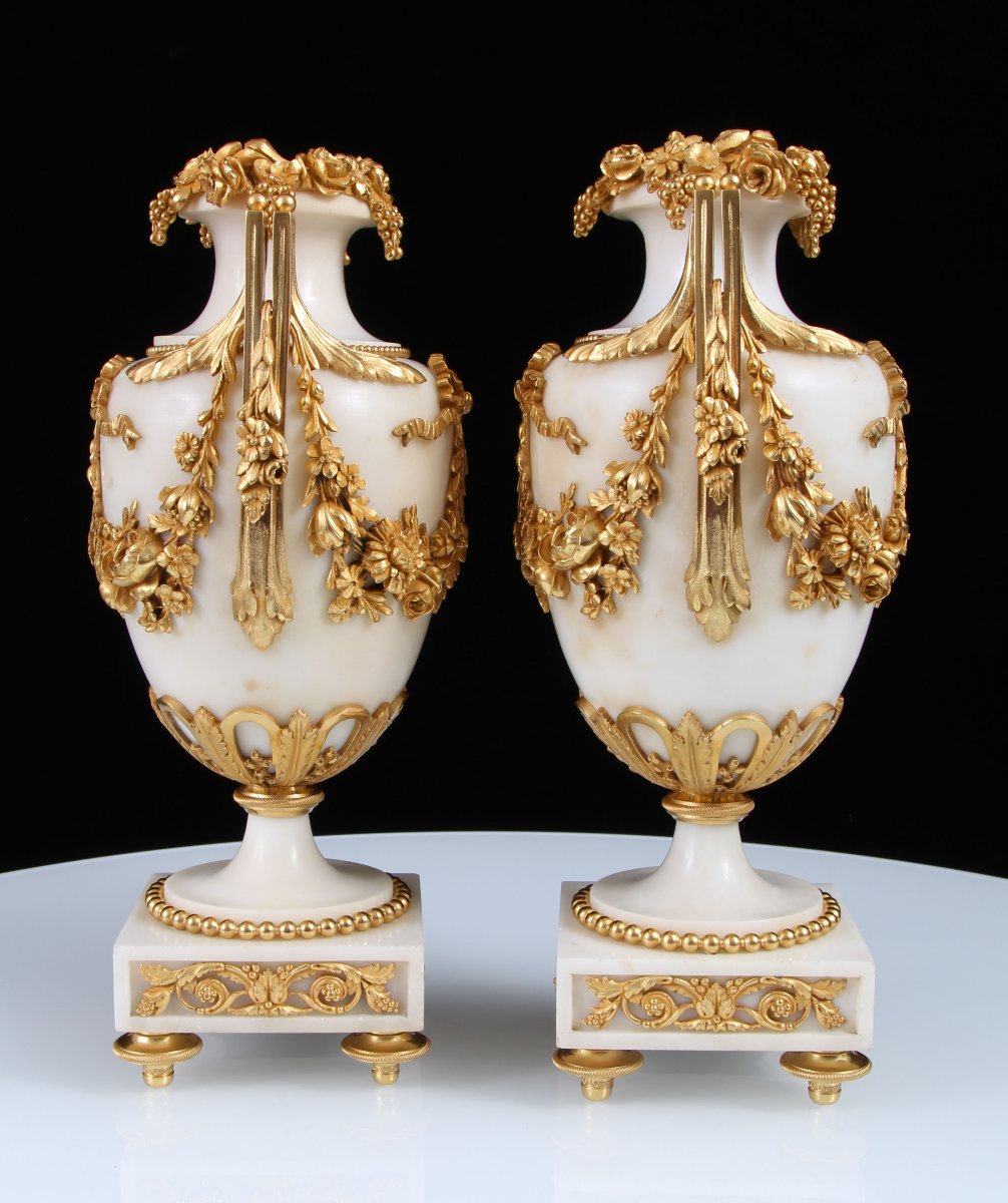 Pair 19th Century Louis XVI Style Gilt Bronze Mounted White Marble Vases-photo-3
