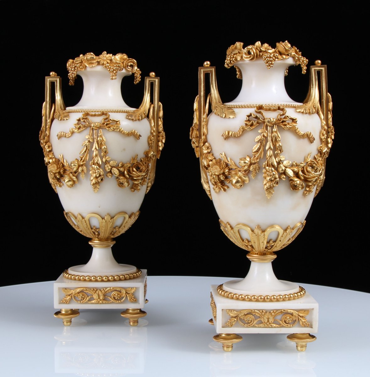 Pair 19th Century Louis XVI Style Gilt Bronze Mounted White Marble Vases-photo-4