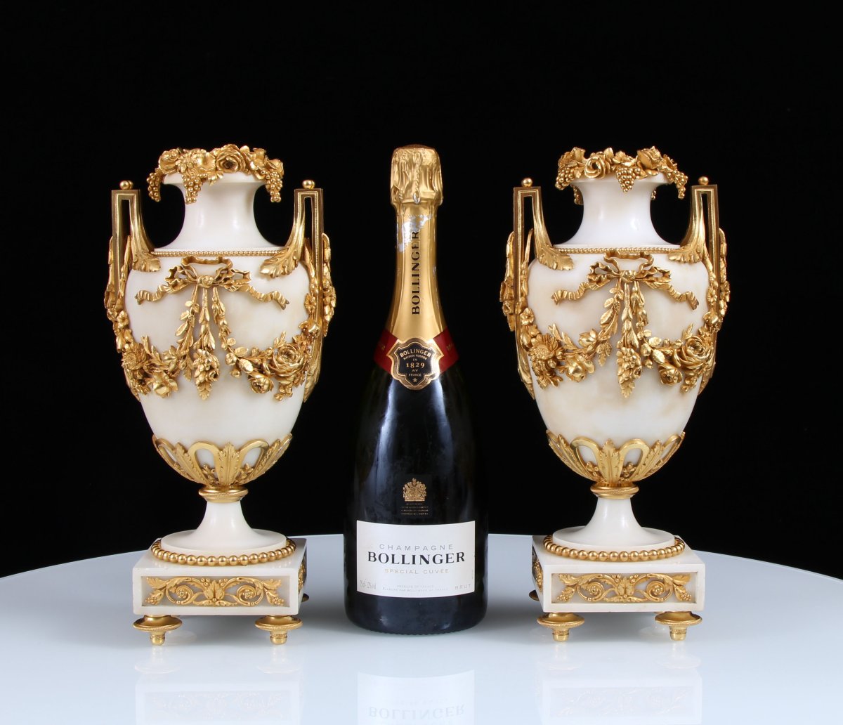 Pair 19th Century Louis XVI Style Gilt Bronze Mounted White Marble Vases-photo-1