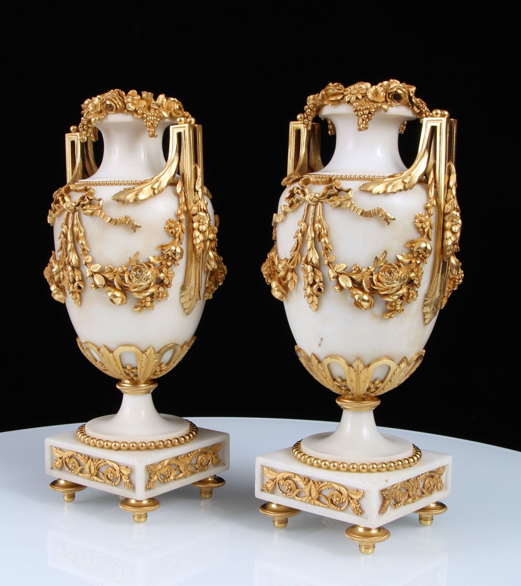 Pair 19th Century Louis XVI Style Gilt Bronze Mounted White Marble Vases-photo-2