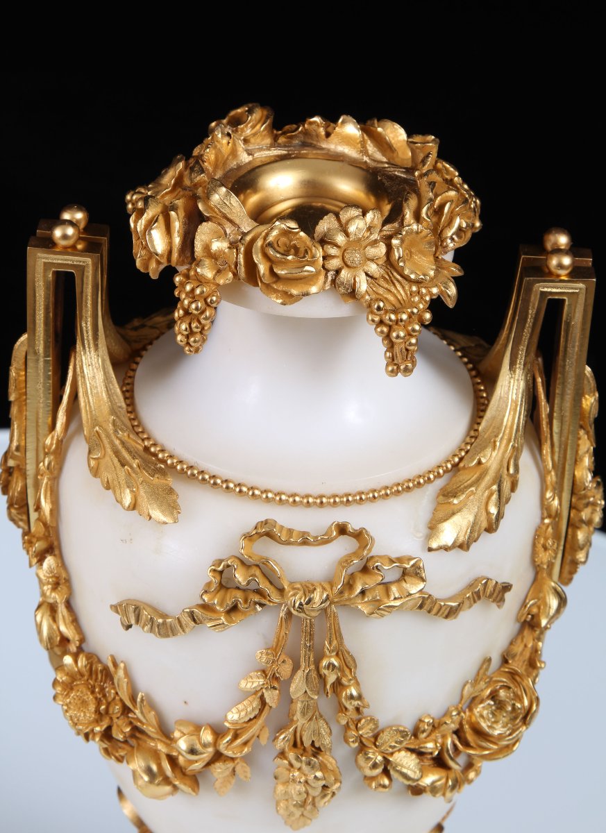 Pair 19th Century Louis XVI Style Gilt Bronze Mounted White Marble Vases-photo-3