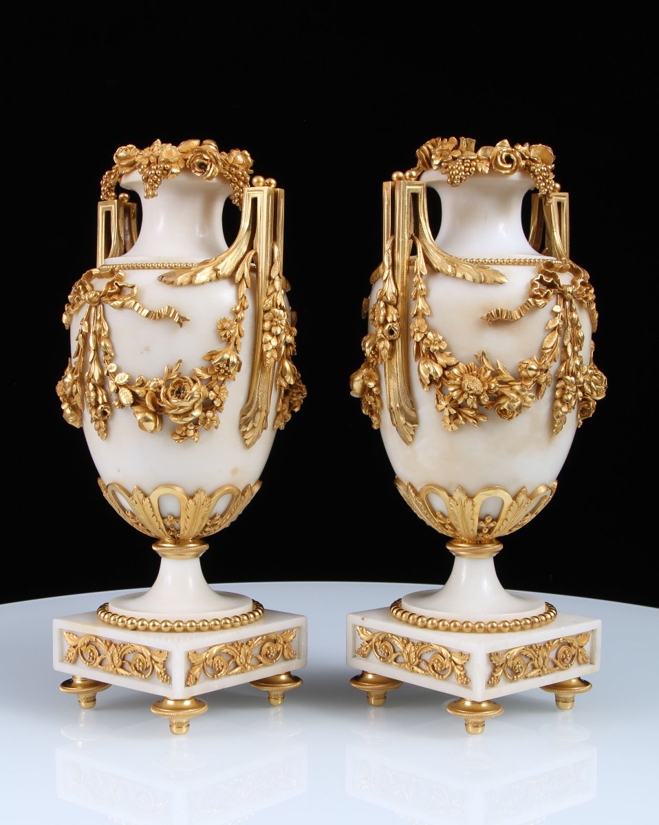Pair 19th Century Louis XVI Style Gilt Bronze Mounted White Marble Vases-photo-5
