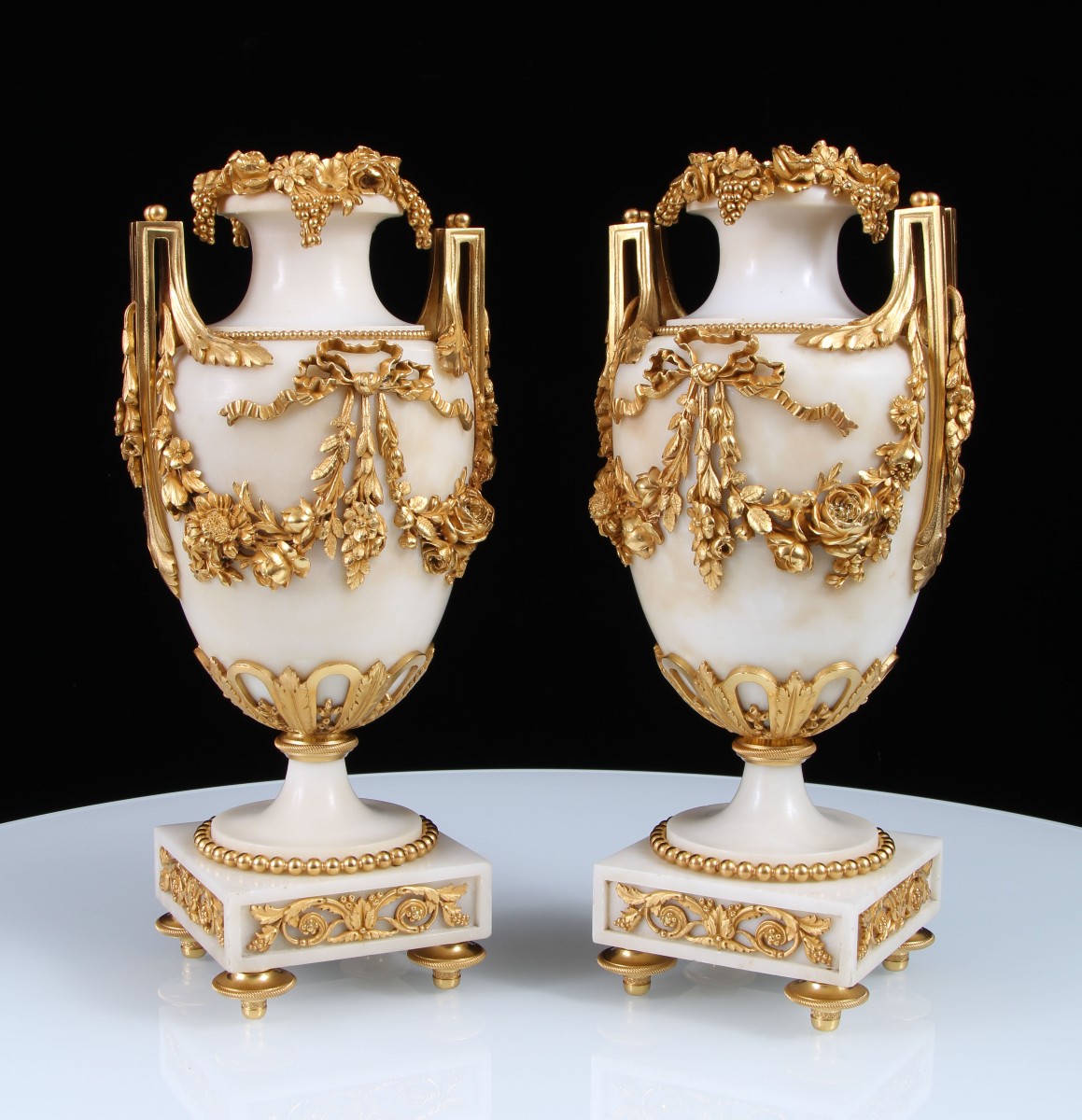 Pair 19th Century Louis XVI Style Gilt Bronze Mounted White Marble Vases
