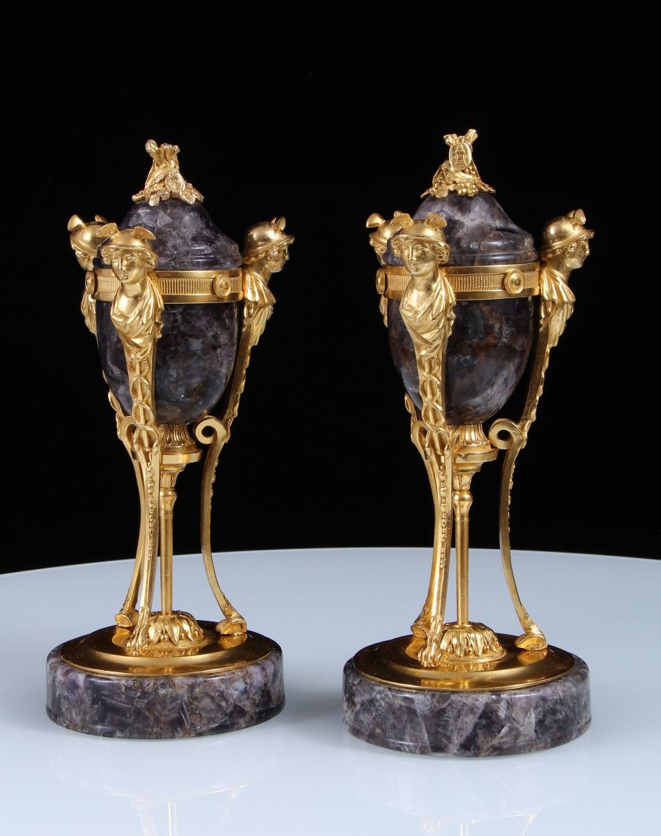 Pair Late 18th Century Gilt Bronze Mounted Weardale Fluorite Crystal Lidded Urns-photo-3
