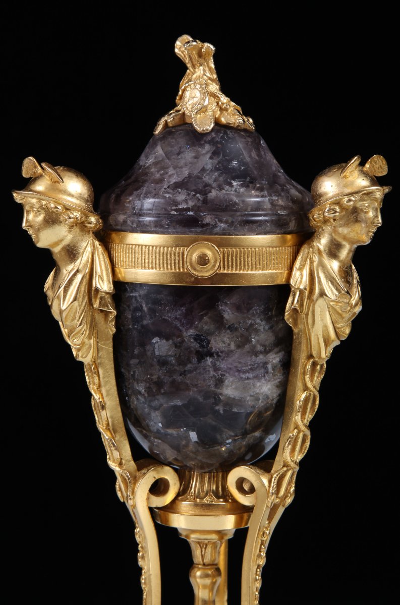 Pair Late 18th Century Gilt Bronze Mounted Weardale Fluorite Crystal Lidded Urns-photo-4