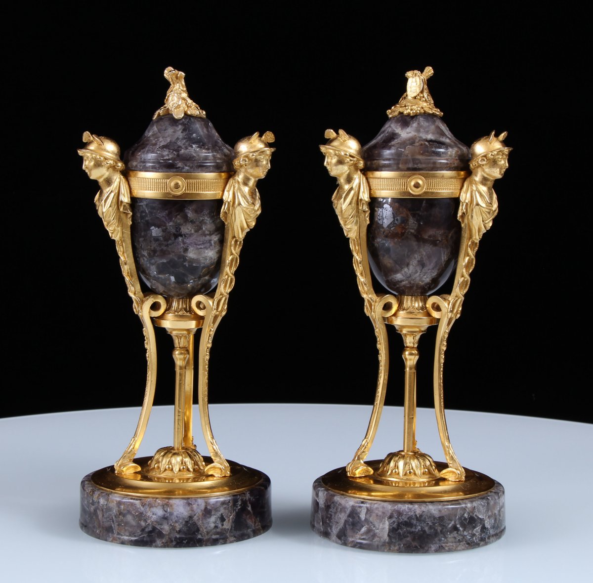 Pair Late 18th Century Gilt Bronze Mounted Weardale Fluorite Crystal Lidded Urns-photo-2