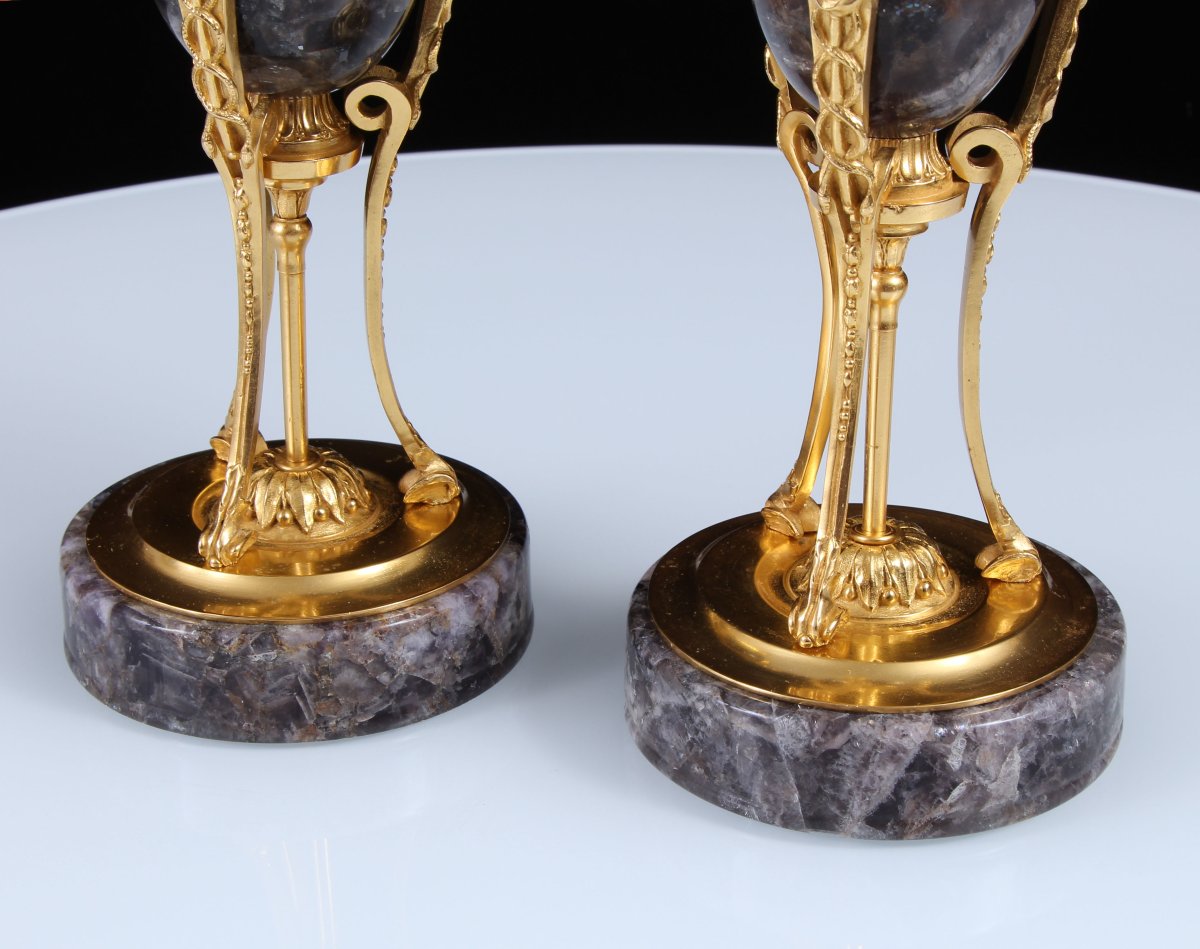 Pair Late 18th Century Gilt Bronze Mounted Weardale Fluorite Crystal Lidded Urns-photo-3