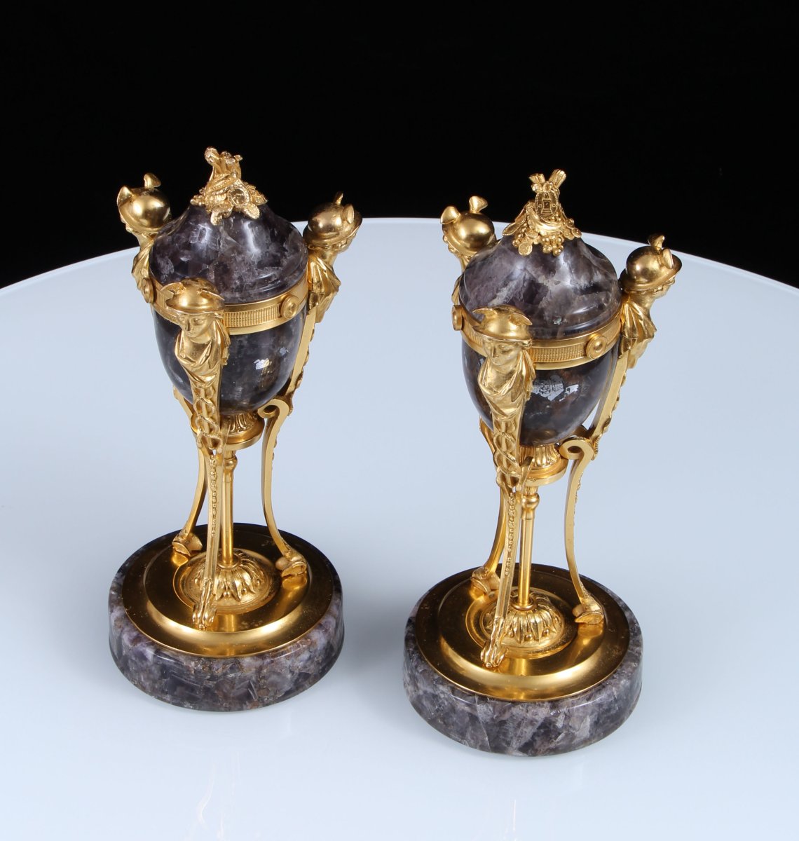 Pair Late 18th Century Gilt Bronze Mounted Weardale Fluorite Crystal Lidded Urns-photo-4