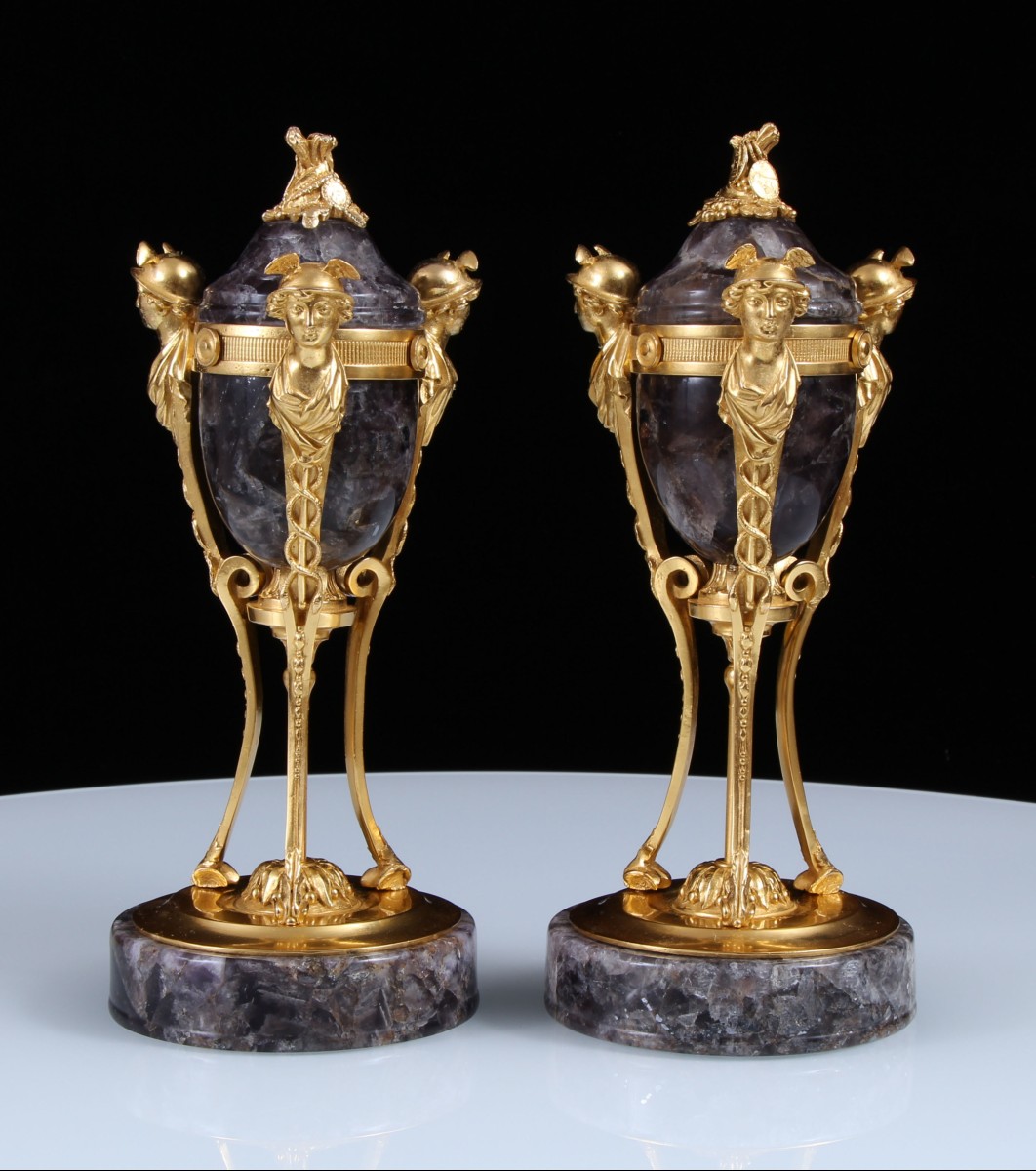 Pair Late 18th Century Gilt Bronze Mounted Weardale Fluorite Crystal Lidded Urns
