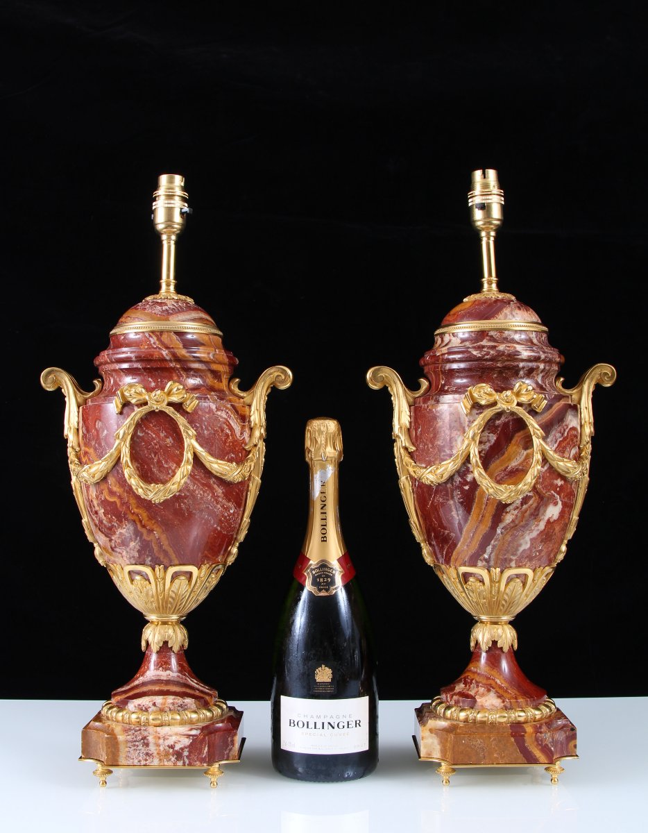 Pair Of 19th-century Alabastro A Pecorella Marble Lamps With Gilded Bronze Mounts-photo-2