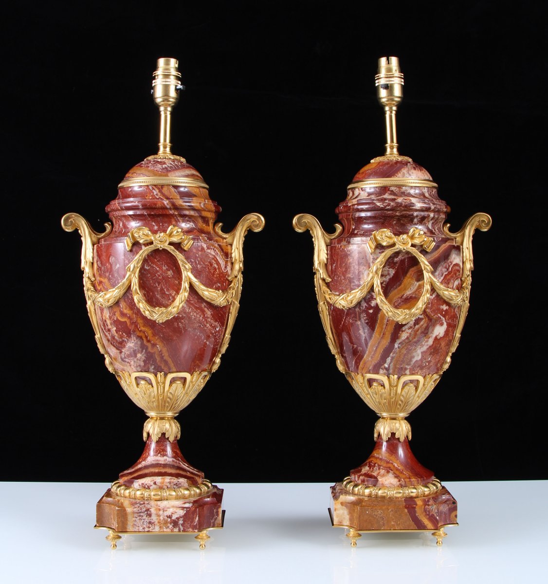 Pair Of 19th-century Alabastro A Pecorella Marble Lamps With Gilded Bronze Mounts