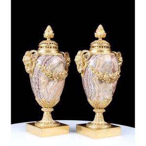 Pair 19th Century Gilt Bronze Mounted Alabastro Fiorito Lidded Vases