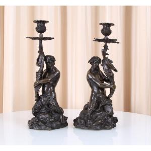 Pair Of Early 19th-century Patinated Bronze Triton Candlesticks