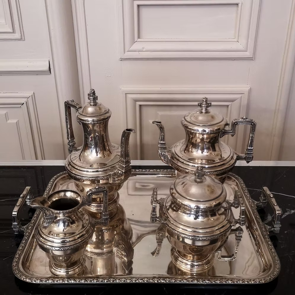 Tea And Coffee Service With Its Silver-plated Metal Tray, Late 19th Century