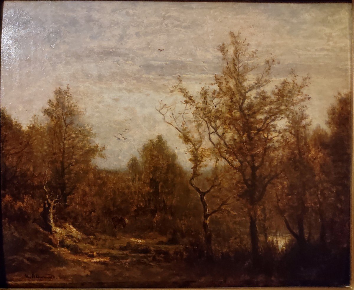 Louis-hector Allemand (1809-1886). Autumn Landscape (exhibited At The Lyon Salon In 1864)-photo-2