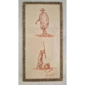 Pair de dessins ethnographique en sanguine par H. Rakotomalala