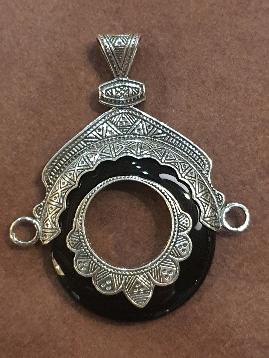 Antique Afganistan Onyx Sterling Silver Pendant-photo-2