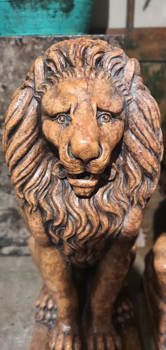 Paires de lions Marbre Breche Venitie 18/19eme Italie-photo-3