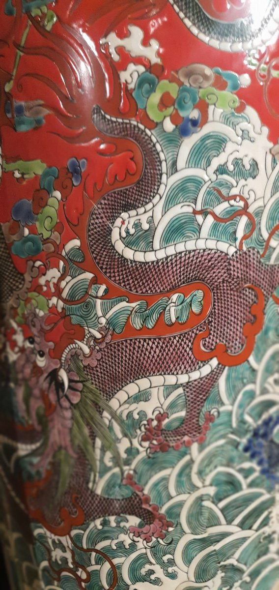 Pairs Of Polychrome Chinese Vases With Red/green Decoration-photo-6