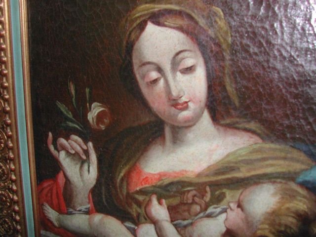 Vierge A l'Enfant Maria 17eme Italie  Huile Sur Toile-photo-3