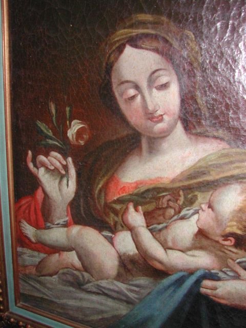 Vierge A l'Enfant Maria 17eme Italie  Huile Sur Toile-photo-4