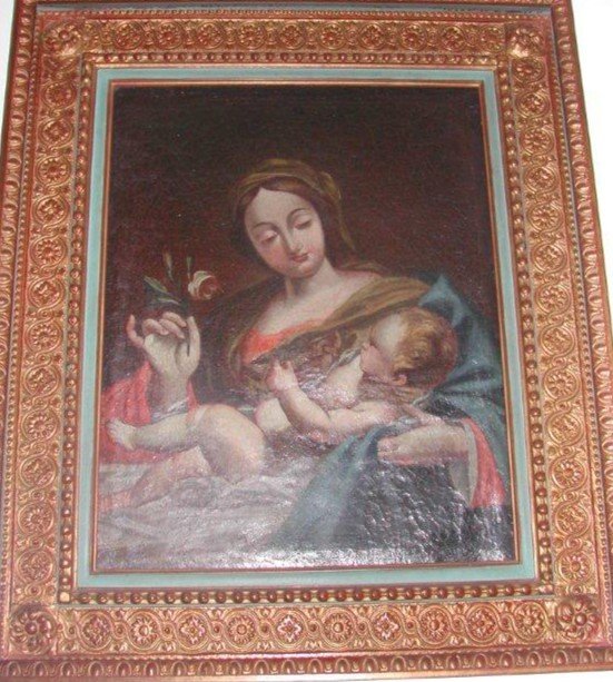 Vierge A l'Enfant Maria 17eme Italie  Huile Sur Toile