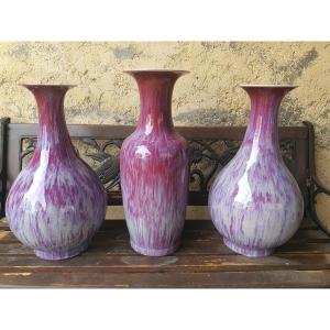  China Sang De Boeuf Red Ceramic 19th 3 Vases T/b