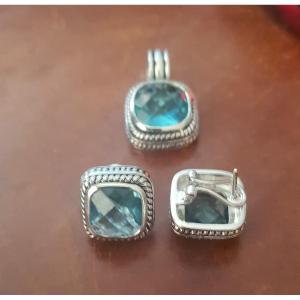 Boucle d'oreille, Pendentif, Topaze blue, ARGENT MASSIF