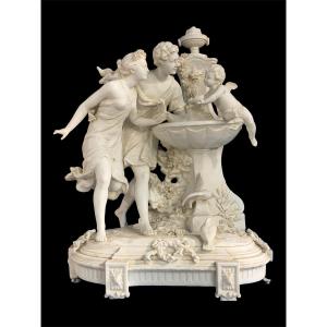 Ensemble sculptural en biscuit – Scène galante à la fontaine, XIXe siècle