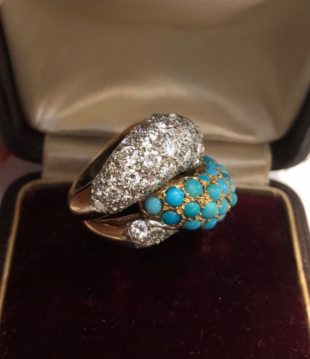 Bague Or Jaune Diamants Et Turquoises Vers 1960-photo-2