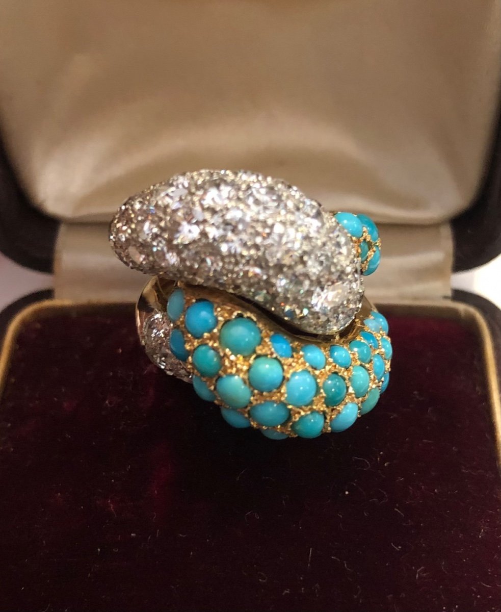 Bague Or Jaune Diamants Et Turquoises Vers 1960