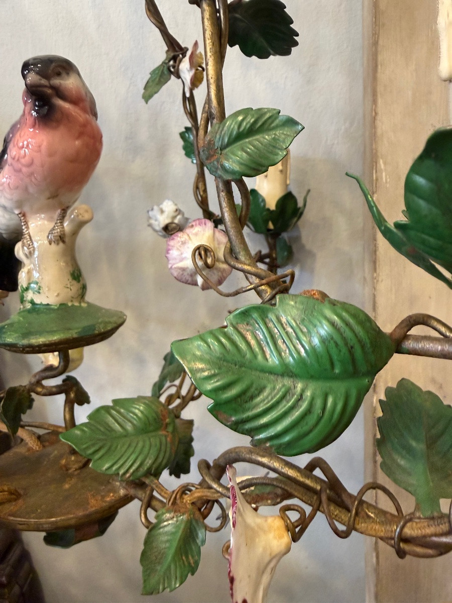 Lustre cage fer polychrome et porcelaine,début XX ème siècle -photo-3