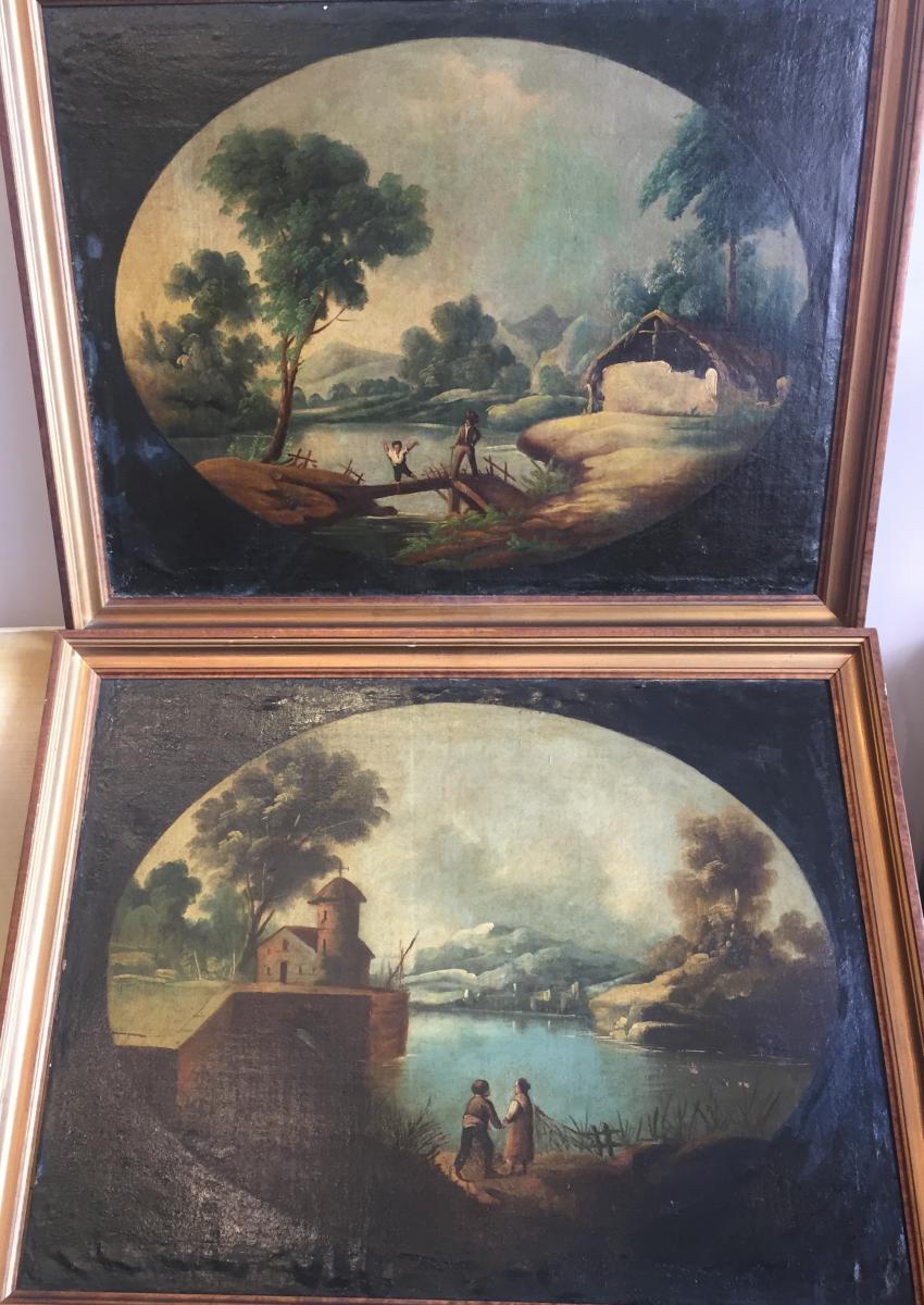 Paire de Tableaux Paysages et Jeux D’enfants