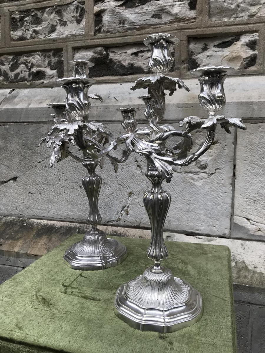 Pair Of Candlesticks, Metal Plated, Nineteenth Century