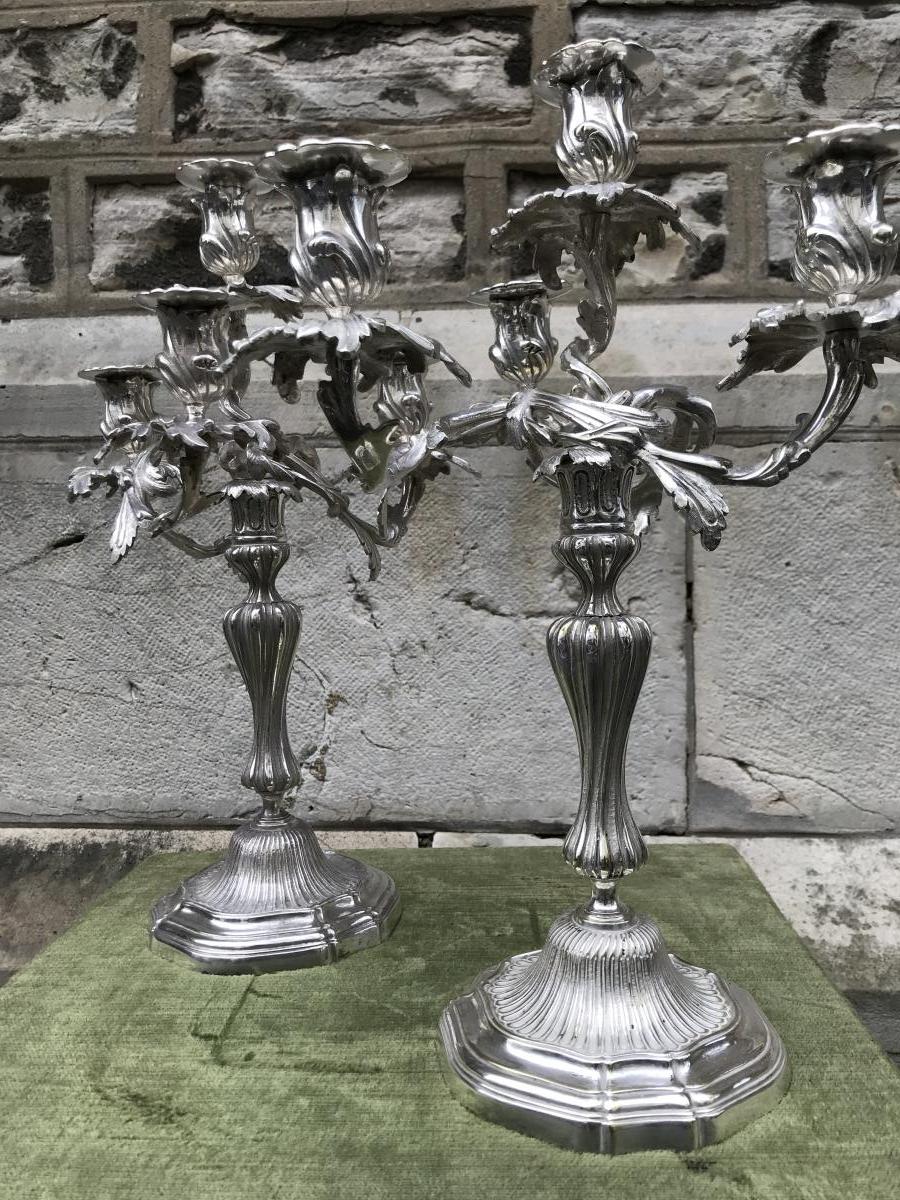 Pair Of Candlesticks, Metal Plated, Nineteenth Century-photo-2