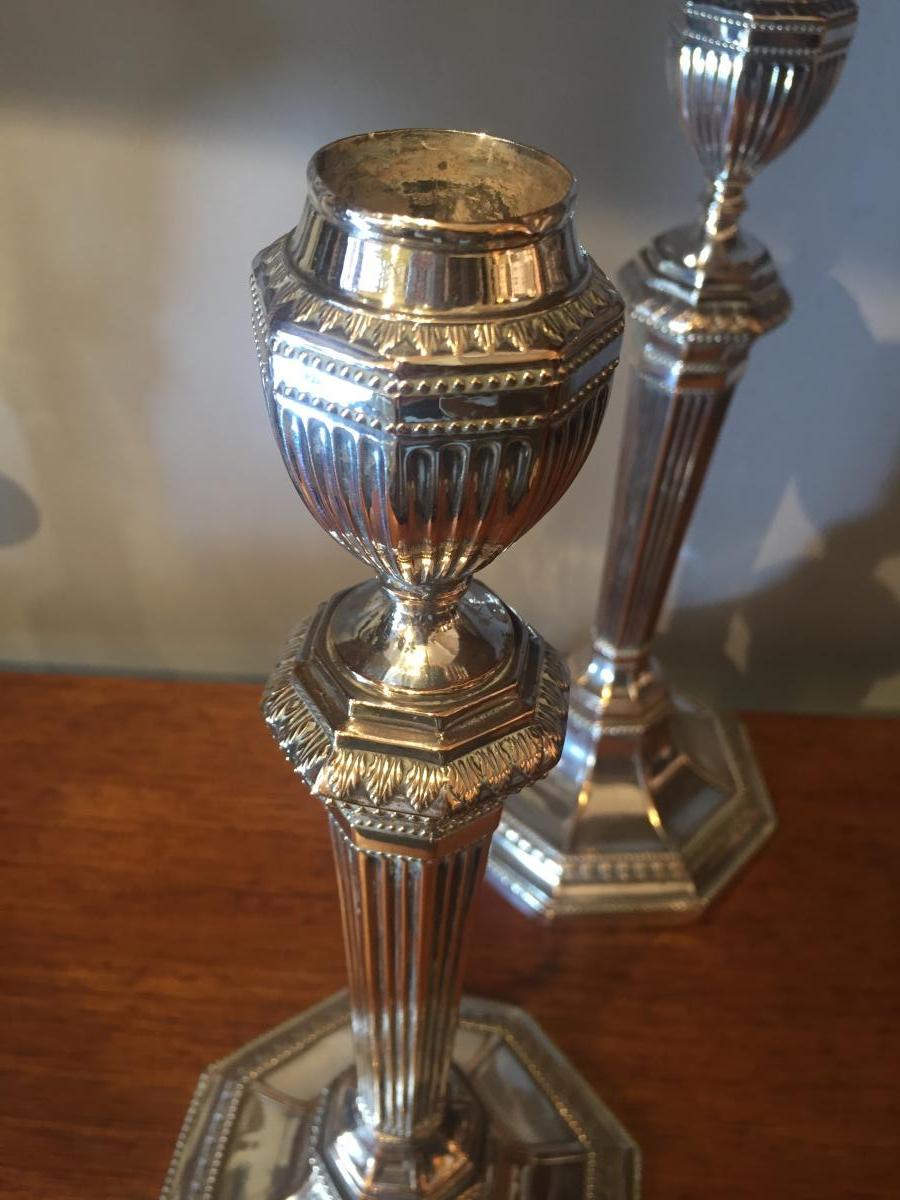 Pair Of Candlesticks, Silver Metal Sheffield, Nineteenth Century.-photo-2