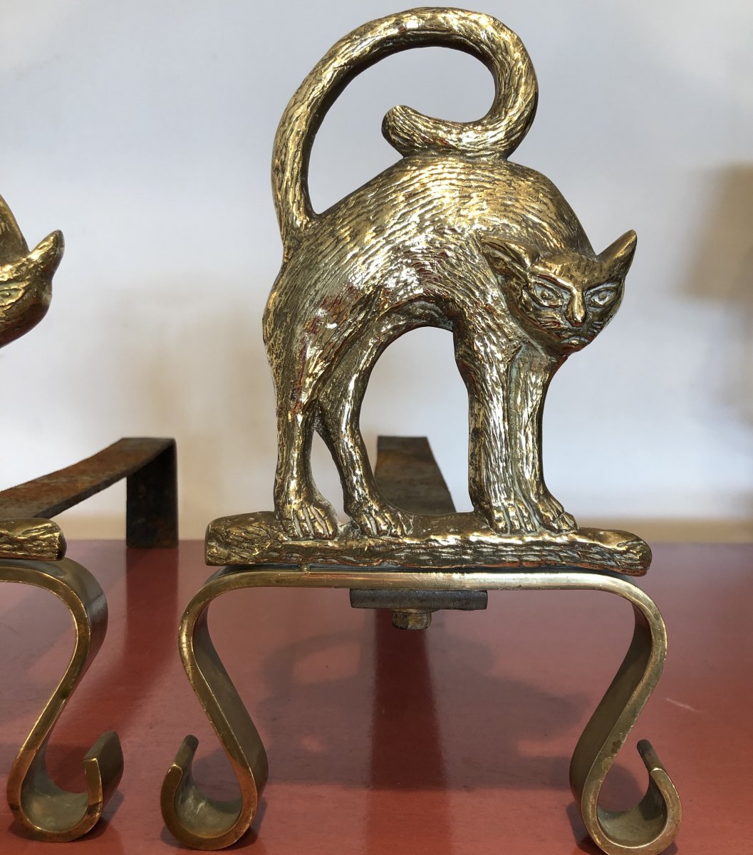 Pair Of Andirons, Cats, Twentieth Century-photo-3