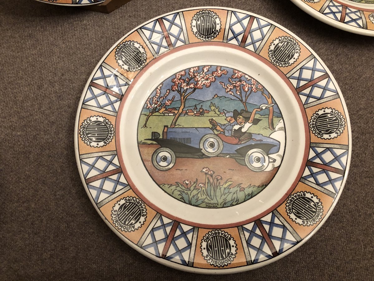 Series Of 9 Earthenware Plates From Sarreguemines, Mathis Strasbourg Cars, Early Twentieth-photo-3