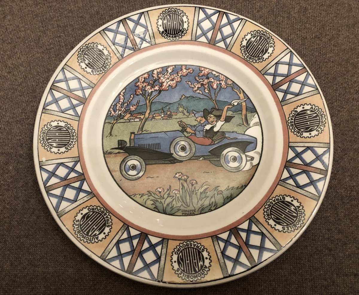 Series Of 9 Earthenware Plates From Sarreguemines, Mathis Strasbourg Cars, Early Twentieth-photo-1