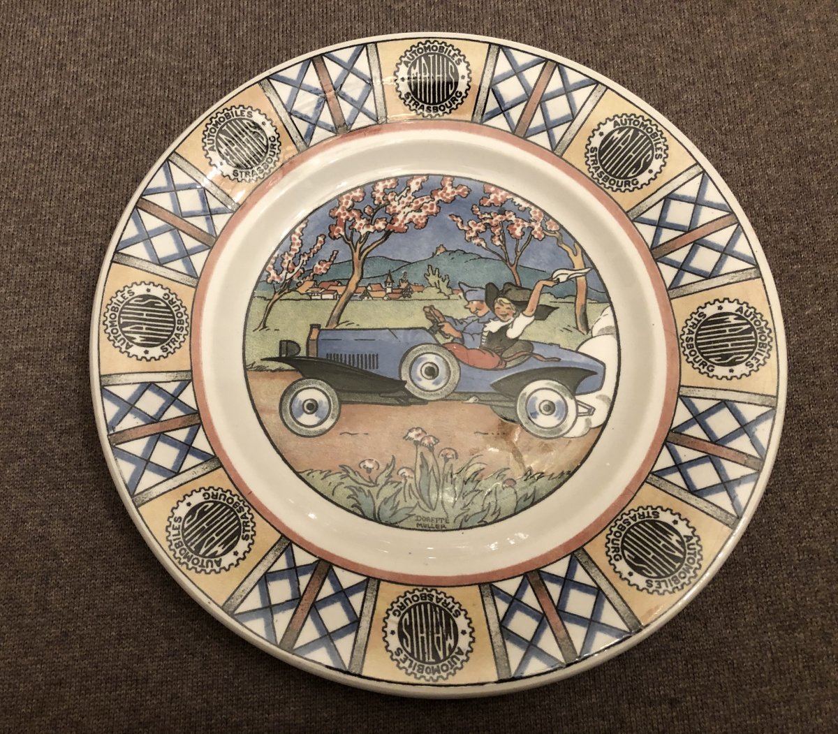 Series Of 9 Earthenware Plates From Sarreguemines, Mathis Strasbourg Cars, Early Twentieth-photo-2