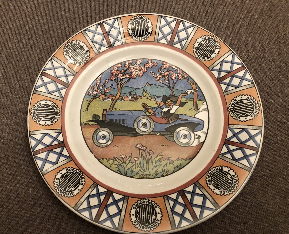 Series Of 9 Earthenware Plates From Sarreguemines, Mathis Strasbourg Cars, Early Twentieth-photo-3