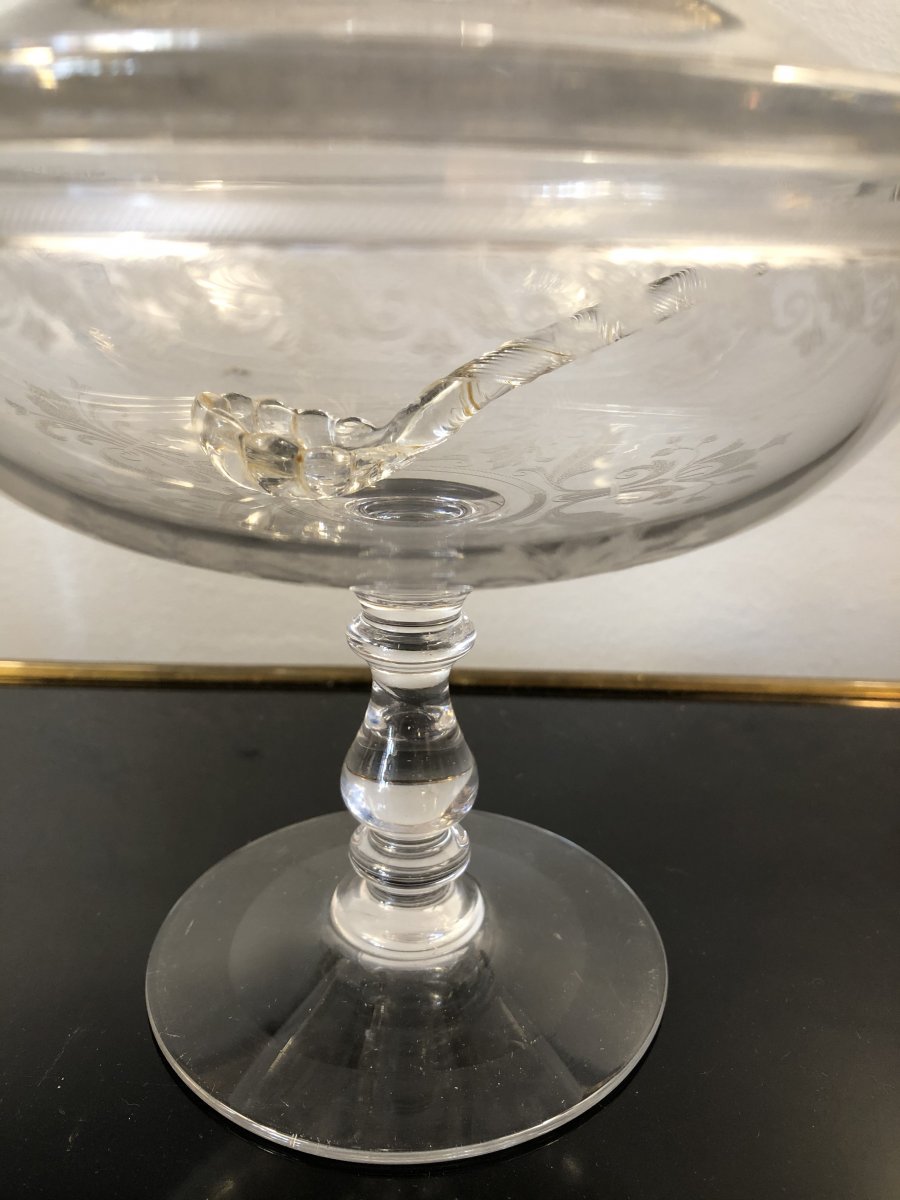 Fruit Bowl, Candy Dish, Jam, Engraved Crystal, Circa 1900-photo-4