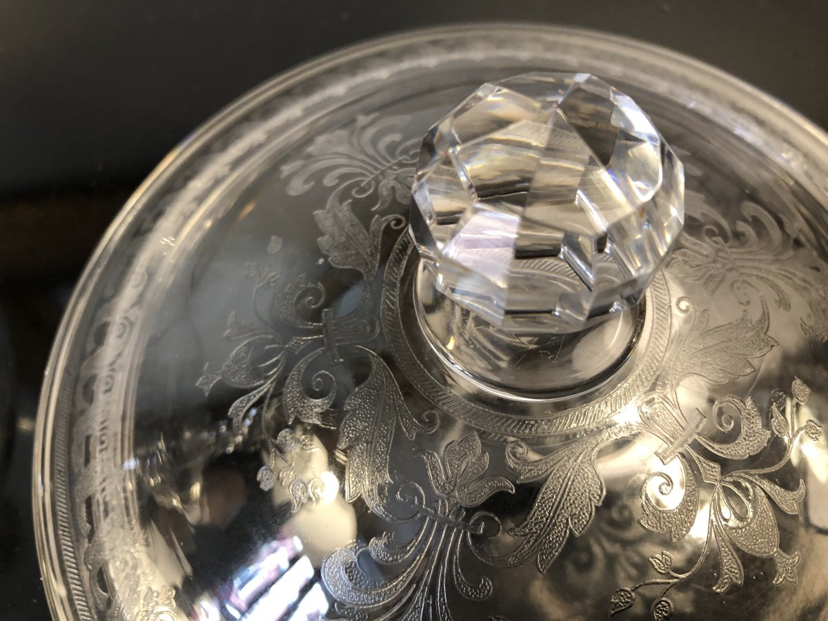 Fruit Bowl, Candy Dish, Jam, Engraved Crystal, Circa 1900-photo-1